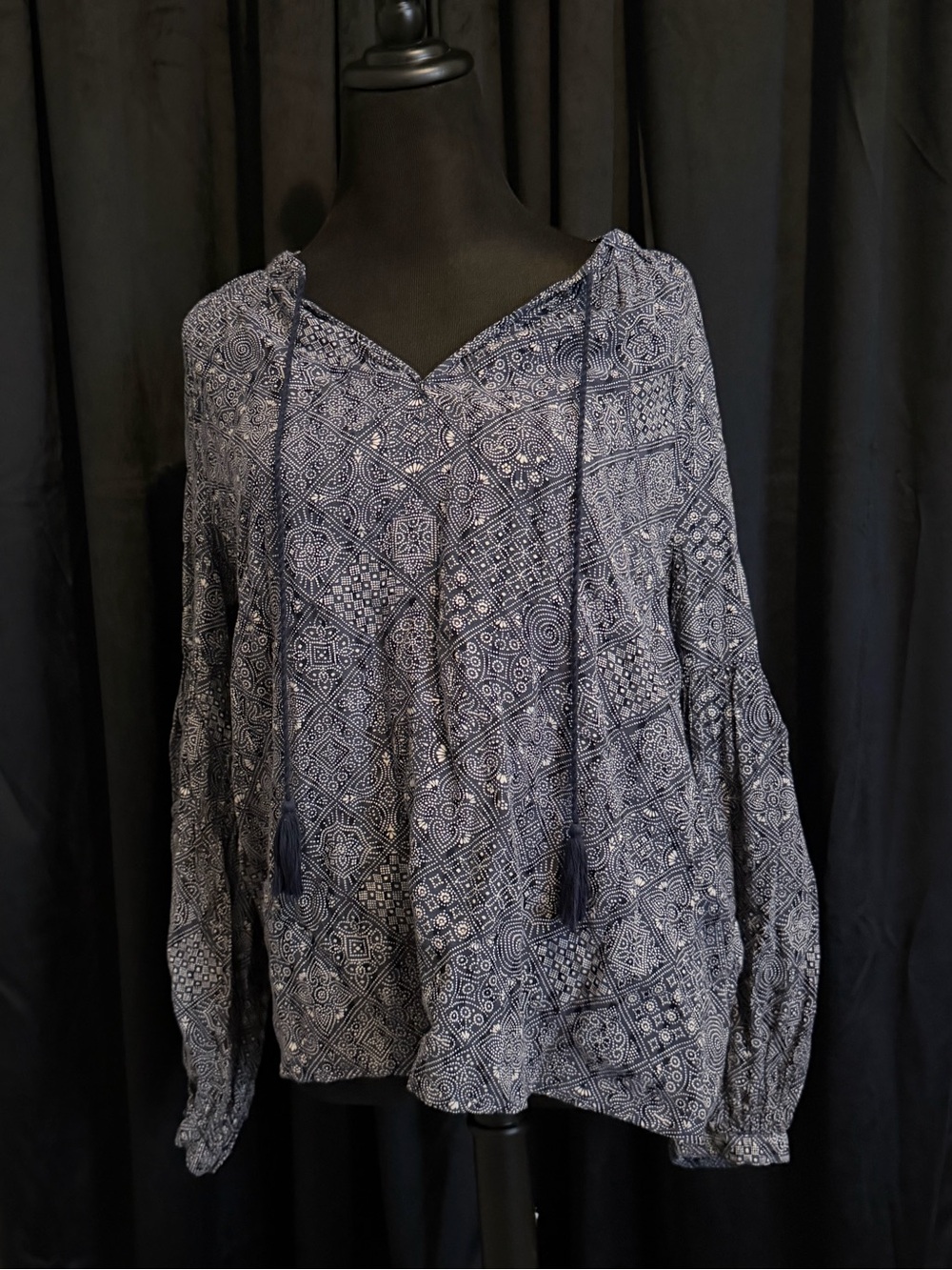 Lucky Brand Navy Printed Long-Sleeve Peasant Blouse